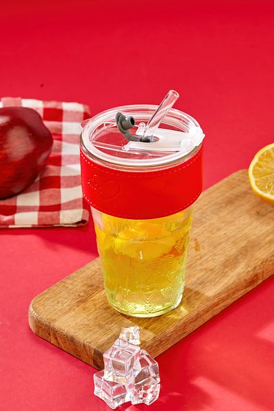 Espas Home Premium Glass Cup - Stripe Detailed, Straw, Leakproof Lid / Red Stripe - Single