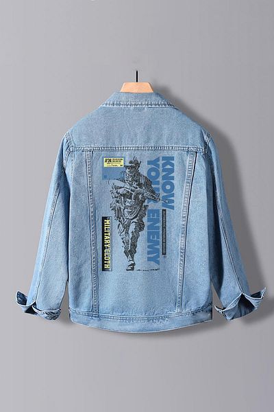 Edwox Мъжко дънково яке Slim Fit с щампа на гърба, светлосиньо, Edw371