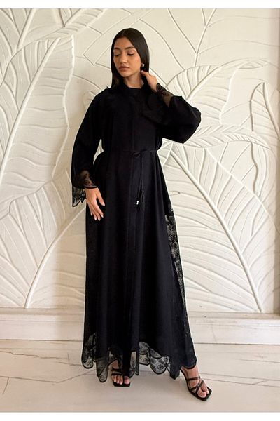 Jameela Jet Black Open Abaya with Floral Lace Sleeves 3pcs Set (Abaya, Inner & Hijab) with Belt