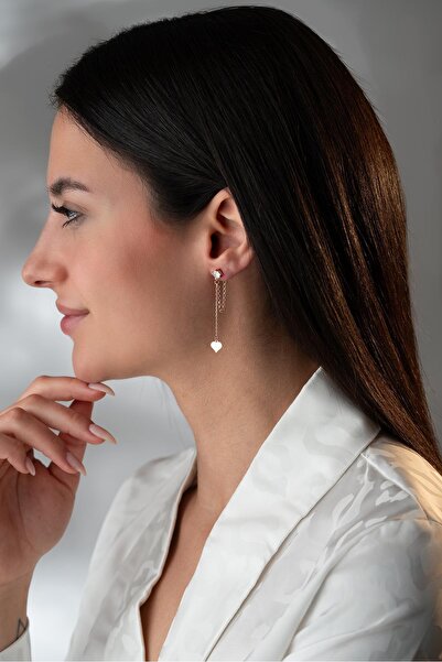 Nereze 925 Ayar Gümüş Rose Kaplama 5 Mm Tektaş Sallantılı Zincir Sade Kalp Model Küpe