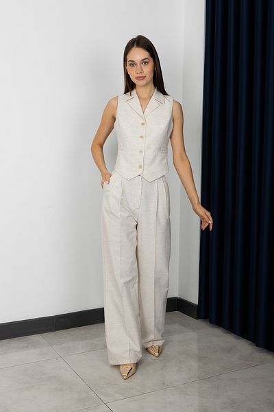 Stil Sepeti Women's Beige Linen Mini Vest Palazzo Trousers Suit Drl-10008520