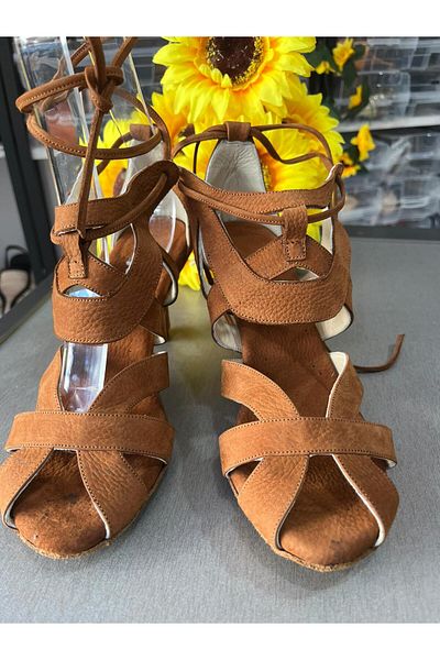 bitangosu Tan Color Nubuck Leather 6 cm Goblet Heels Salsa - Bacata- Latin and Dance Shoe Ankle Strap