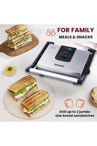 sonashi 4 Slice Contact Grill Maker – Non-Stick, Stainless Steel Body with Cool Touch Handles