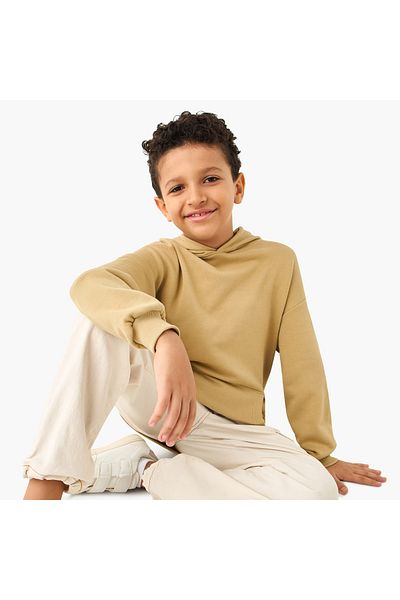 Juniors Solid Hooded Sweatshirt With Kangaroo Pocket And Long Sleeves