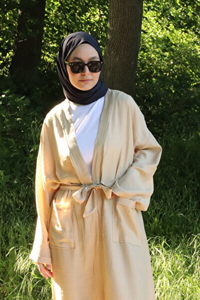 ilmek 5301 Kadın Cepli Kemerli Uzun Kimono Vizon