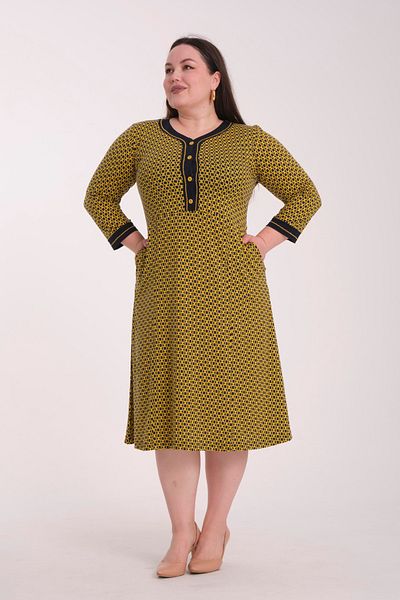 Wild Love Yellow Navy Blue Patterned Buttoned Plus Size Women's Dress