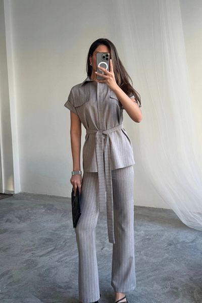 Silerra Striped Polyviscos Blazer - Pants Suit - Gray