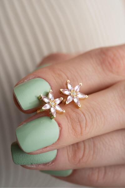 Nereze 925 Ayar Gümüş Gold Kaplama Pembe Zirkon Taşlı Lotus Çiçeği Küpe