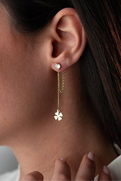 Nereze 925 Ayar Gümüş Gold Kaplama 5 Mm Tektaş Sallantılı Zincir Dört Yapraklı Yonca Küpe