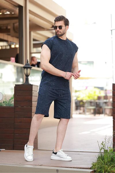 Madmext Ανδρικό σορτς μπλουζάκι Navy Blue Basic με λεπτομέρειες E7319