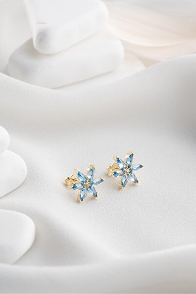 Nereze 925 Ayar Gümüş Gold Kaplama Mavi Zirkon Taşlı Lotus Çiçeği Küpe