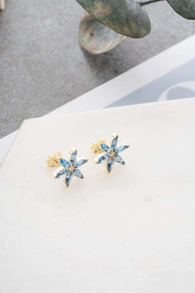 Nereze 925 Ayar Gümüş Gold Kaplama Mavi Zirkon Taşlı Lotus Çiçeği Küpe