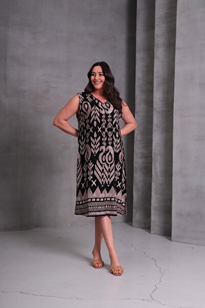Verdavia Women's Plus Size Printed Sleeveless Woven Black Dress
