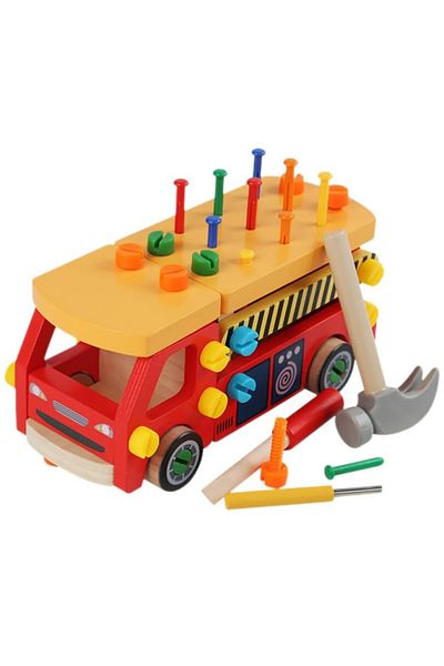 OEM Multifunctional toy car with hammer, plastic nails and screws, Montessori, made of wood