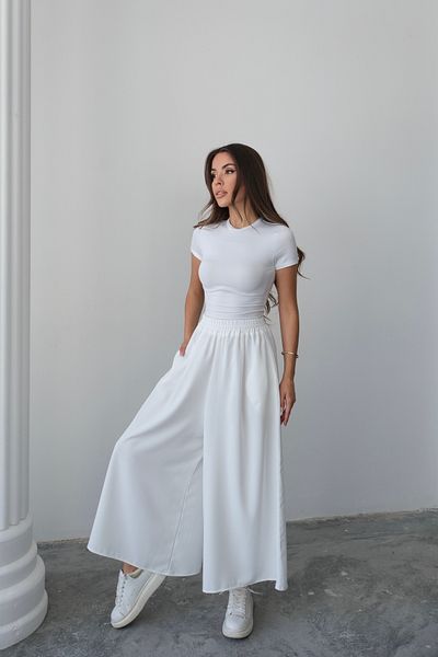 Hatun Atila Wide Cut Flared Double Crepe Trouser Skirt with Elastic Waist - White