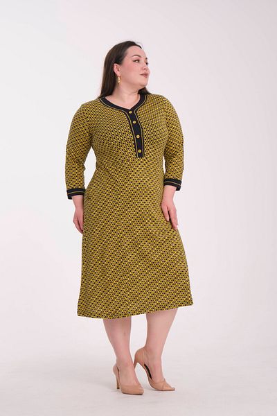 Wild Love Yellow Navy Blue Patterned Buttoned Plus Size Women's Dress