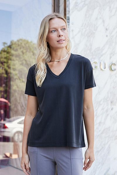 Jument Tricou cu mânecă scurtă pentru femei, modal mătăsos, din bumbac pieptănat, cu decolteu în V, cu umeri, bluză-negru