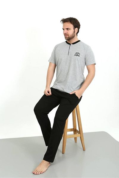dealp Ανδρικό Navy Blue 100% βαμβακερό σετ καλοκαιρινές πιτζάμες με κέντημα με κουμπιά με γιακά