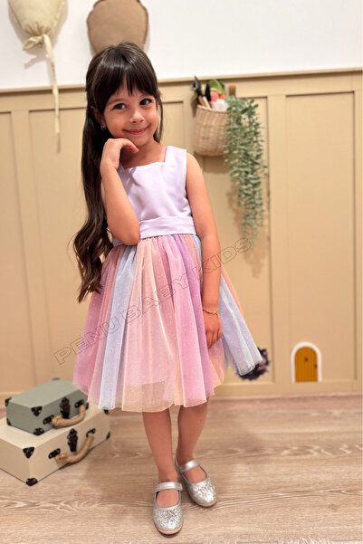 penu baby kids Lila Üstü Mat Saten Altı Renk Geçişli Simli Tül Etek Kurdele Detaylı Kız Çocuk Elbise - Rainbow