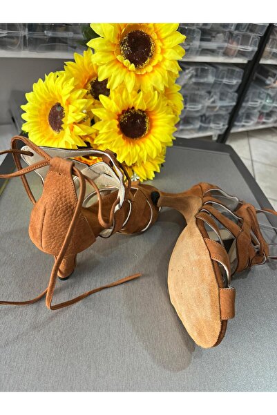 bitangosu Taba Renk Nubuk Deri 6 Cm Kadeh Topuklu Salsa - Bacata- Latin Ve Dans Ayakkabısı Bilekten Bağlama