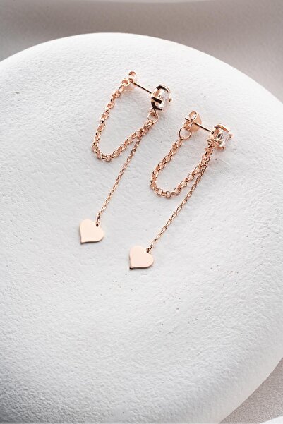 Nereze 925 Ayar Gümüş Rose Kaplama 5 Mm Tektaş Sallantılı Zincir Sade Kalp Model Küpe