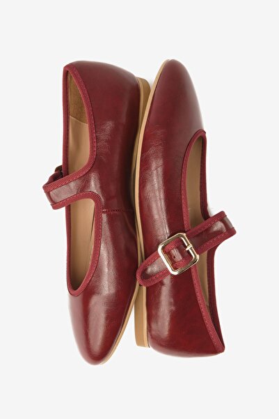 Seniorah Burgundy Skin Buckle Detailed Thick Banded Women's Ballerinas