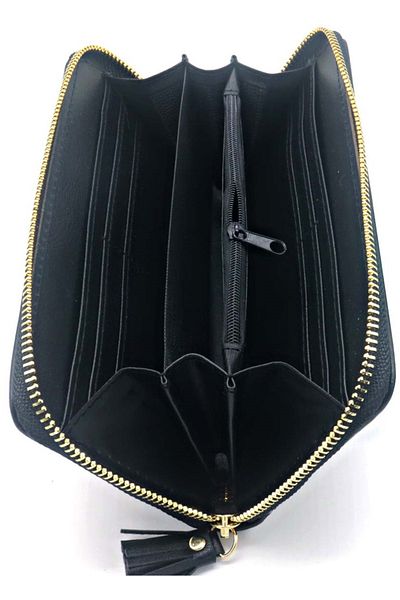 OEM Portofel dama, brodat, piele ecologica, 20 x 11 x 2.5 cm, Negru