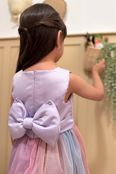 penu baby kids Lila Üstü Mat Saten Altı Renk Geçişli Simli Tül Etek Kurdele Detaylı Kız Çocuk Elbise - Rainbow