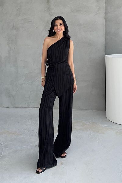 Seda Yalçın Atelier Black Buckle Accessory One Shoulder Blouse and Trousers Set