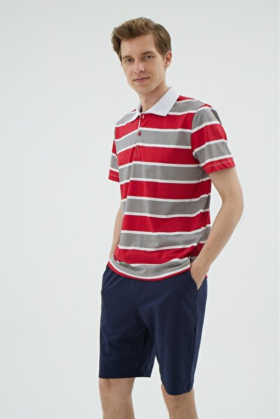 İPEKTENİM Червоно-сірий комплект піжами з поло-коміром і шортами