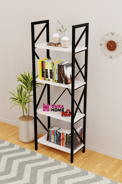 UmkaHome Beyaz Metal Kitaplık 4 Raflı 155x55 cm Yanları Metal Kitaplık