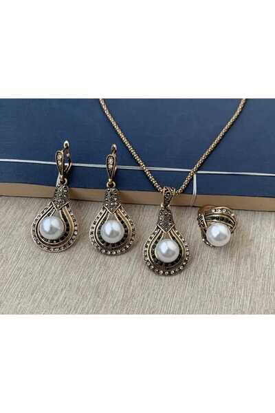 İthal vintage etnik esintili kolye küpe yüzük seti