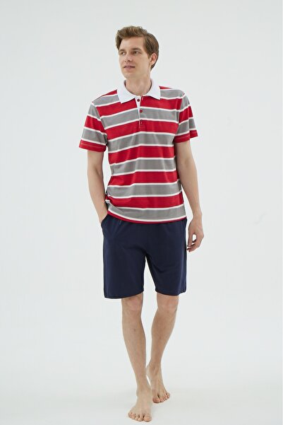 İPEKTENİM Червоно-сірий комплект піжами з поло-коміром і шортами