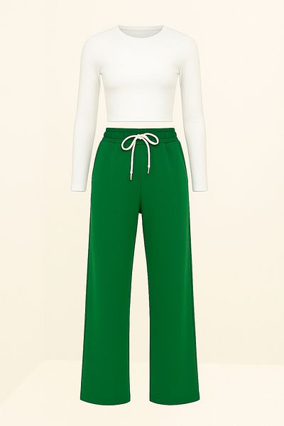 VAGGON Women's Dark Green High Waist Front Grassed Wide Leg Double Pocket Sweatpants Prmx7957