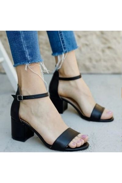 Afilli Women's Black Single Strap Thick Short Heeled Comfortable Sandals 4 cm Shoes Ankle