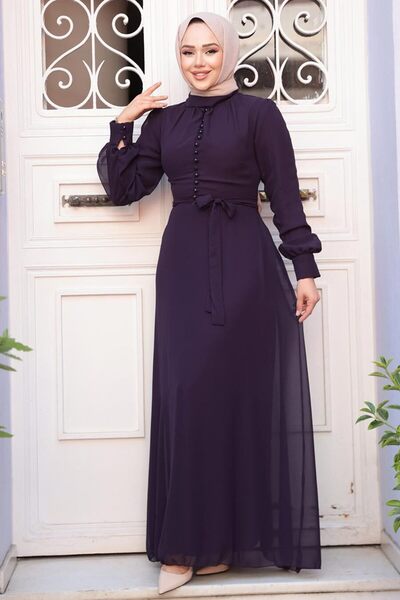 N.S NEVA STYLE فستان حجاب أرجواني داكن بأزرار 2703KMOR