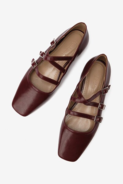 Seniorah Burgundy Skin Blunt Toe Three-Striped Women's Ballerinas