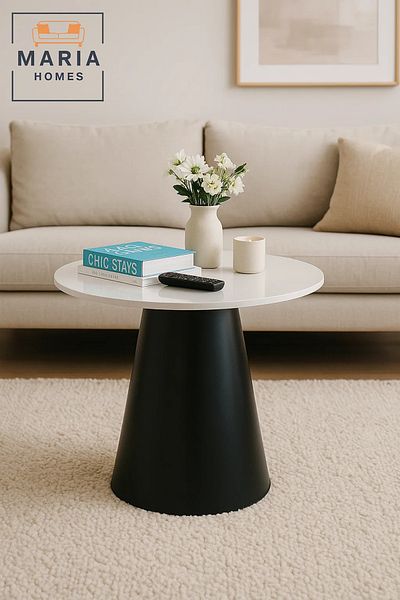 MARIA HOMES Minimalist Round White Top Table with Black Tapered Base