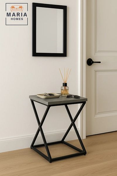 MARIA HOMES Stone-Look Square Table with Black Industrial X-Frame Base