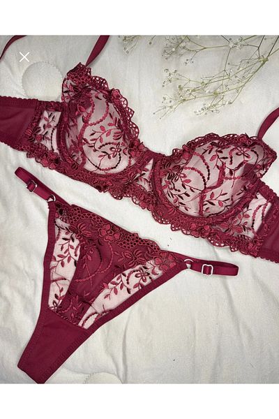 Fleur de Lingerie Set de bralet brodat burgundy pentru damă