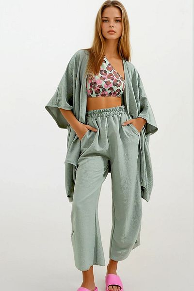 VAGGON Women's Aqua Green Slit Self-Textured Trousers and Jacket Double Set Vgn-752-001