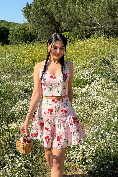 Seda Yalçın Atelier Pink Patterned Strap Crop Blouse and Skirt Set