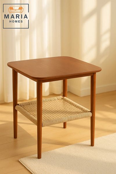 MARIA HOMES Retro Square Side Table with Woven Rattan Shelf and Wood Frame