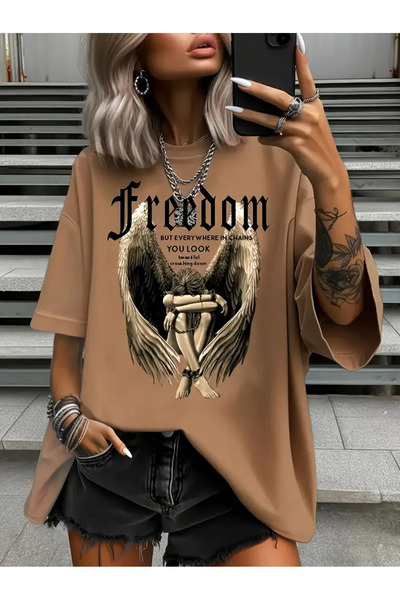 EFFRENATU Μπλουζάκι Unisex με στάμπα Angel of Freedom και κοντό μανίκι