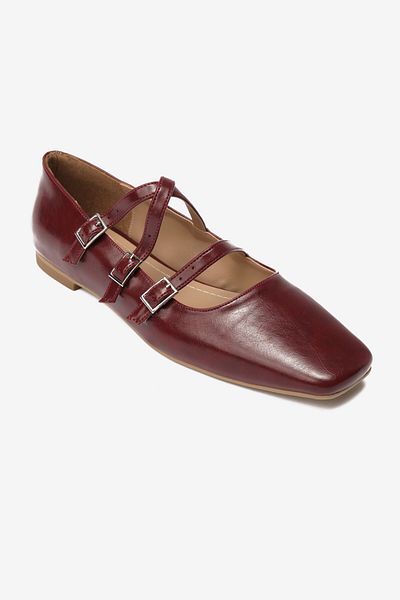 Seniorah Burgundy Skin Blunt Toe Three-Striped Women's Ballerinas