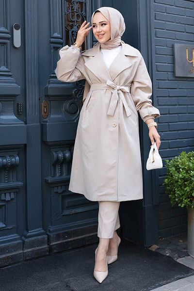N.S NEVA STYLE Ζώνη Μπεζ Hijab Trench Coat 62181BEJ