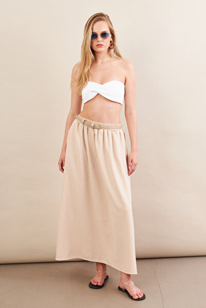 Cool & Sexy Women's Stone Linen Pocket Midi Skirt Rsp4440