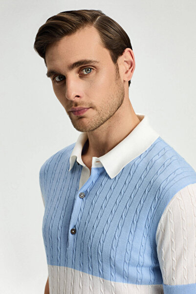 Hemington Light Blue Button Collar Hair Knit Mercerized Cotton Knitwear Polo
