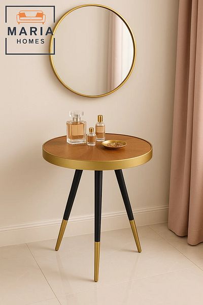 MARIA HOMES Tripod Round Side Table with Gold and Walnut Finish