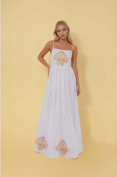 FABB Rochie lungă cu bretele subțiri brodate alb